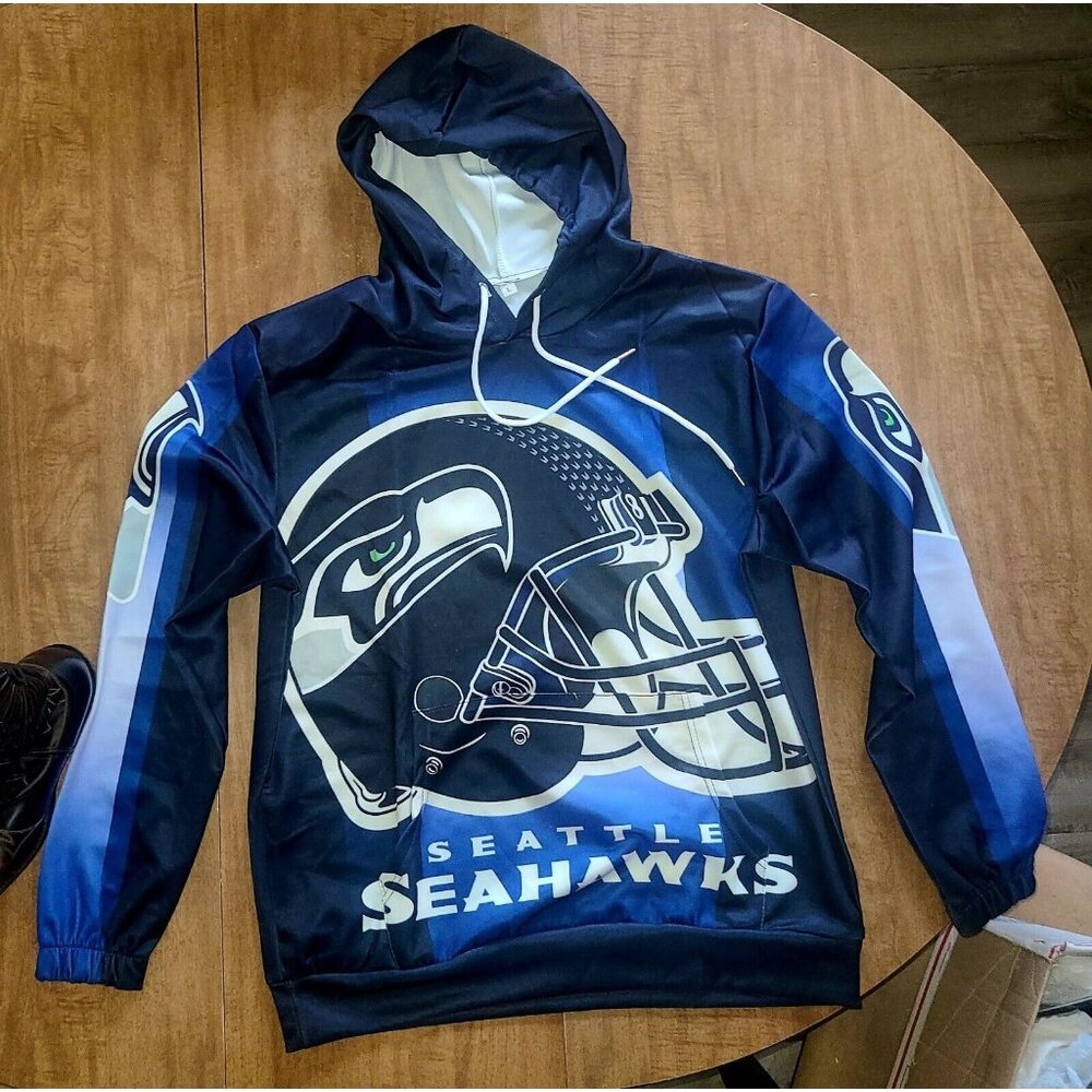 SEATTLE SEAHAWKS Light Hoodie Blue SILKY SIZE LARGE Pullover With Pockets